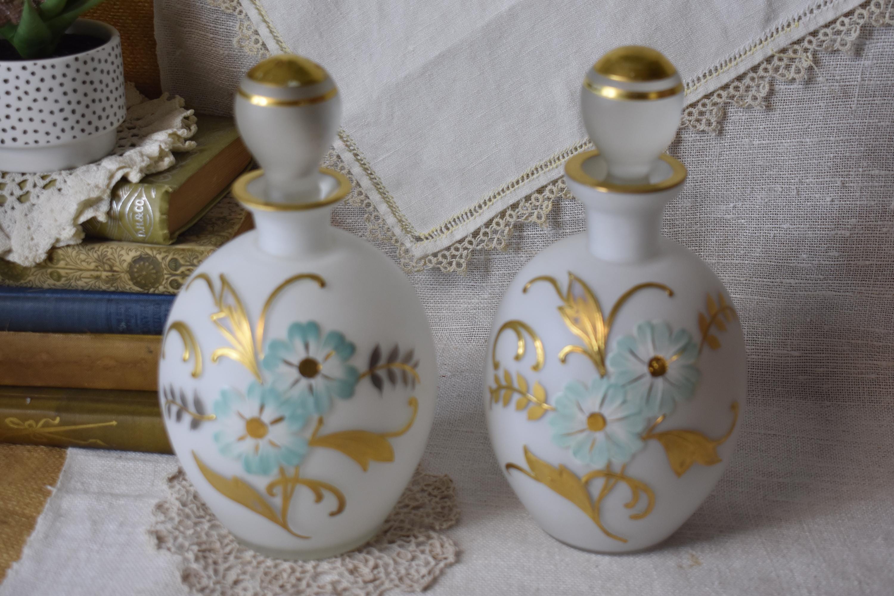 Vintage Set of Irice Satin Glass Perfume Bottles / Hand Painted Pair of Cologne Scent Bottles / Collectible Perfume Bottles