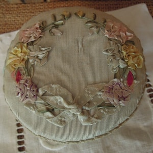 Vintage Silk Ribbon Floral Pin Cushion / Vintage Sewing / Victorian Pin Cushion