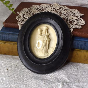 Antique Queen of Heaven Mary and Baby Jesus Meerchaum Bass Relief / Antique French Black Wax Frame with Ceramic Relief Cameo Wall Plaque