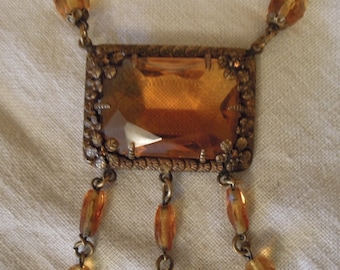 Antieke Art Deco Brass ketting / Vintage Tsjechische Amber glas kralen ketting / jaren 1920 Art Deco sieraden