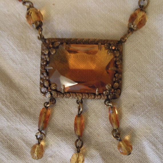 Art Deco Brass Necklace / Czech Amber Glass /Amber