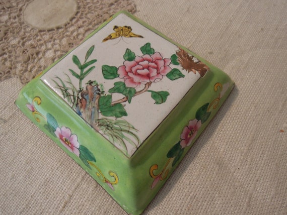 Antique Chinese Canton Rose Enamel Painted / Vintage Enamel Copper Trinket Dish