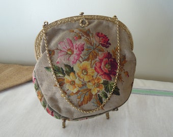 Vintage Fine Petit Point Purse / Cream Tapestry Clutch Purse / Antique Handbag Collectibles