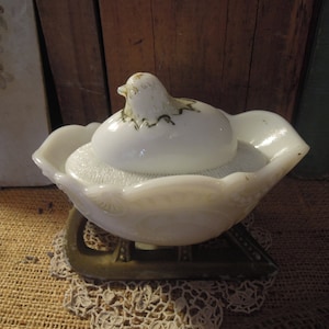Antique Milk Glass Covered Dish / Chick Hatching From Egg On A Sleigh / Lidded Glass Dish Westmoreland