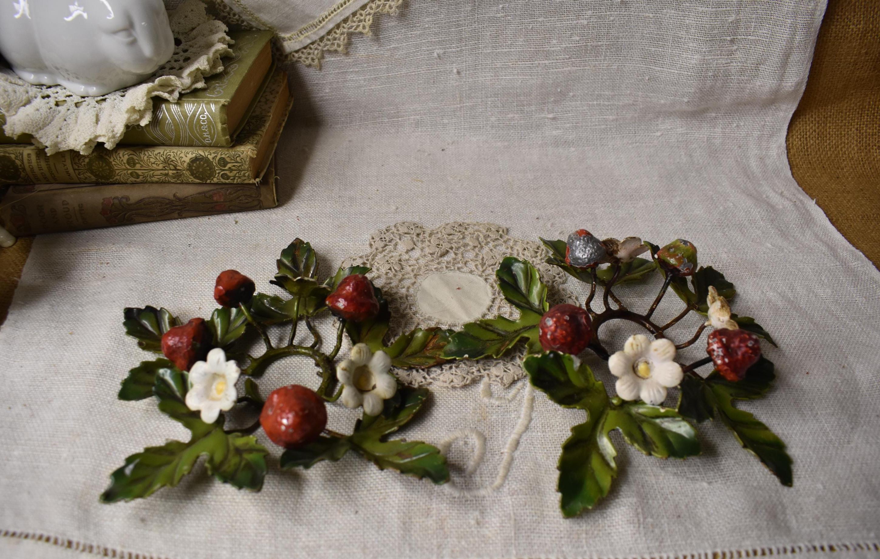 Vintage Italian Tole Wear Candle Holders / Pair of Red Strawberry's White Flowers Candle Sticks / Floral Candle Stick Holders