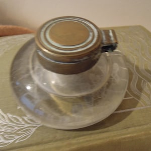 Vintage Glass Brass Ink Well / Antique Round Glass Inkwell / Antique Heavy Ink Well