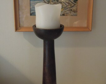 Vintage Hand Made Wooden Pedestal / Heavy Wood Hand Carved Cup / Tall Wood Candle Holder