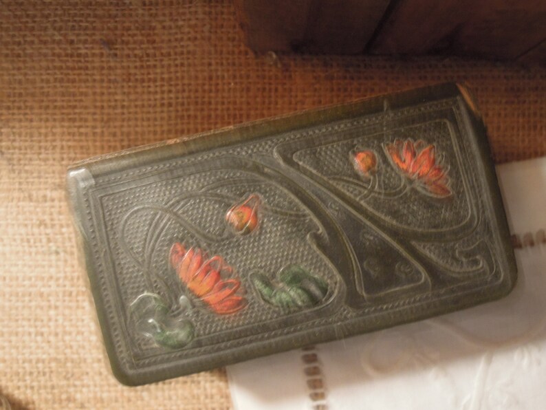 Antique Tooled Leather Postage Stamp Box / Desk Accessory / Etsy