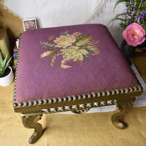 Antique Victorian Foot Stool / Purple Floral Needle Point Foot Stool / Vintage Square Floral Foot Stool