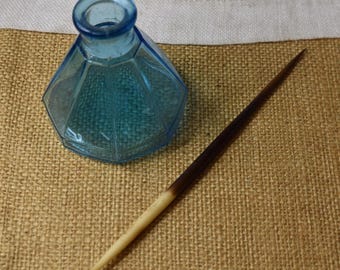 Vintage Blue Glass Ink Well and Porcupine Quill / Ink Well & Pen