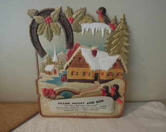 Antique Die Cut Calendar 1920 / German Christmas Die Cut Scene / Vintage Ephemera / Advertising Die Cut Calendar