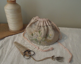 Antique Silk Ribbon Sewing Drawstring Bag / Victorian Silk Sewing Bag / Pink And Blue Beaded Silk Ribbon Embroidered Victorian Reticule