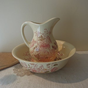 Vintage Pink Transferware Ironstone  /  Royal Crownford &quot;Charlotte&quot; / Pink Flowers Bowl & Pitcher Set / Made in England