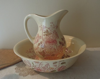 Vintage Pink Transferware Ironstone  /  Royal Crownford &quot;Charlotte&quot; / Pink Flowers Bowl & Pitcher Set / Made in England
