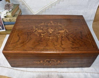 Vintage Wood Hinged Lock Box / Antique Large Inlaid Wood Box / Desk Accessory / Vintage Office