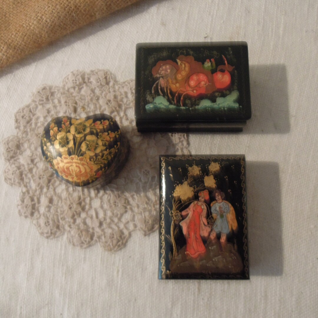 Vintage 3 Russian Lacquered Mini Boxes / Collection of Three Boxes