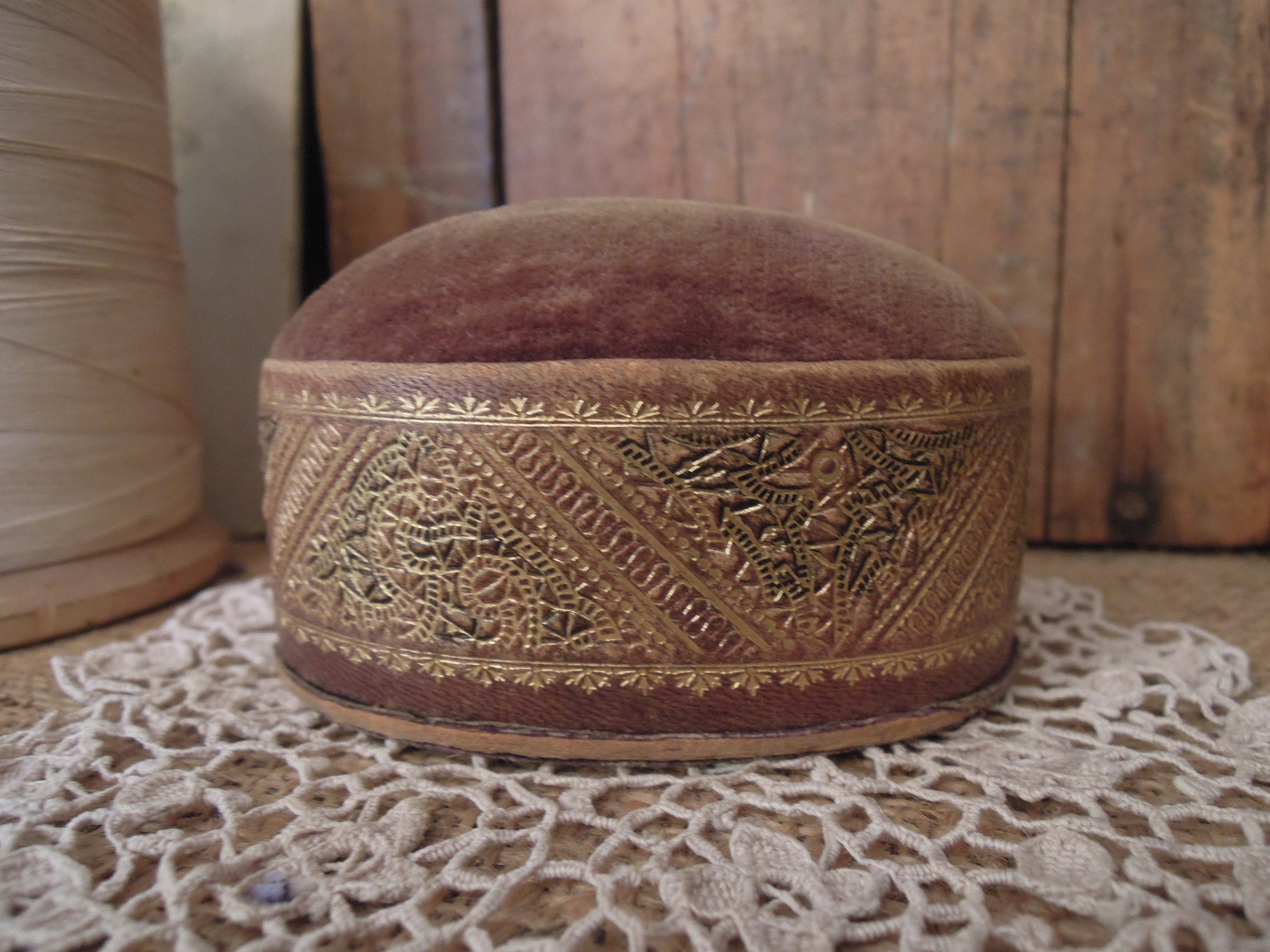 Vintage Leather Tooled Italian Box/Pin Cushion Brown Gold Oval Shaped Pincushion