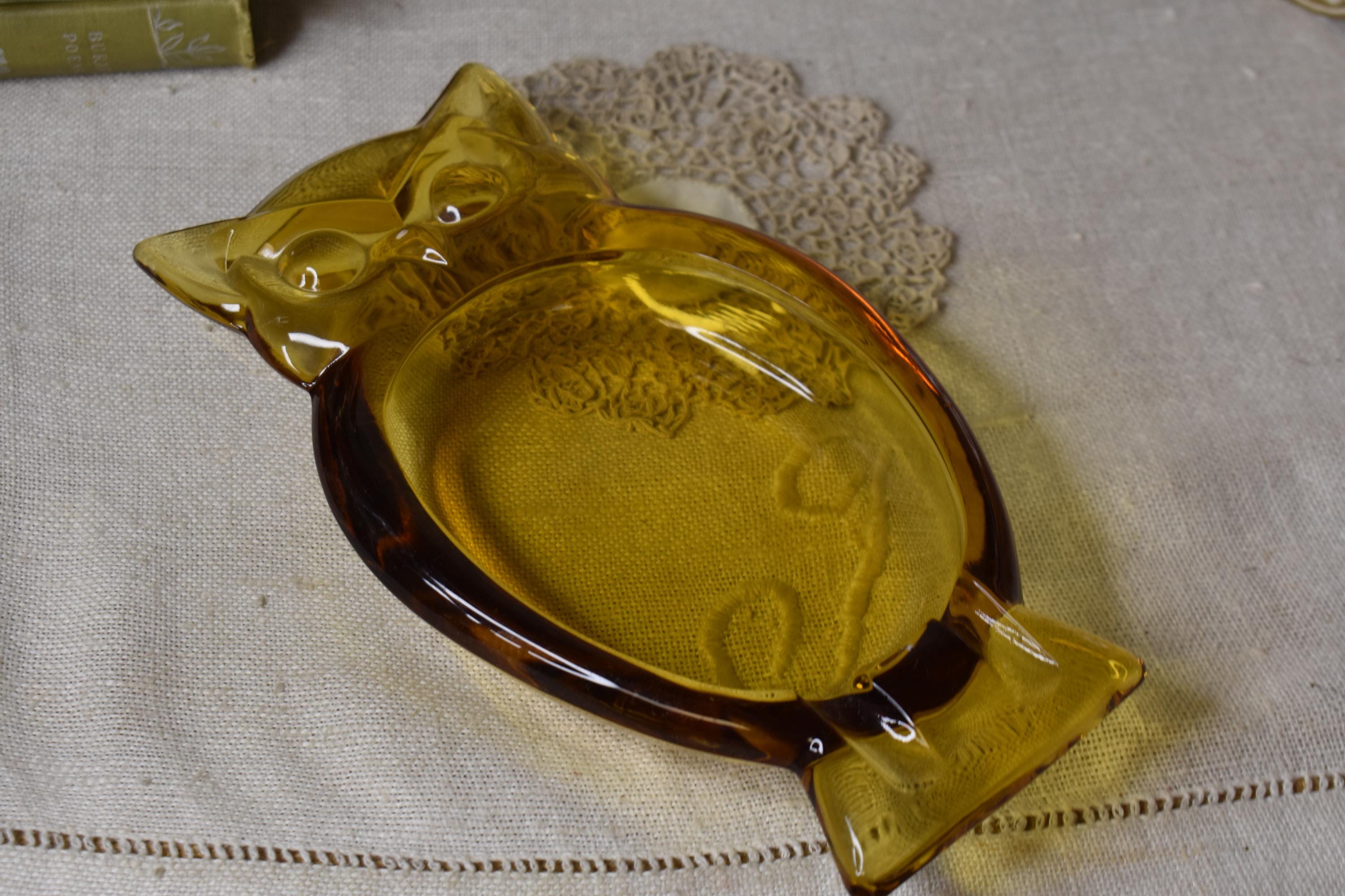 Vintage Viking Glass Owl Ash Tray / Amber Glass Owl Dish