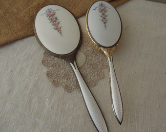 Antique Guilloche White with Blue & Pink Flowers Brush and Mirror Set / Vintage Ladies Vanity Brush Mirror Set / Victorian Vanity Boudoir