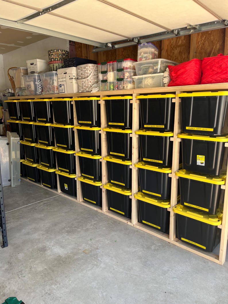 DIY Garage Storage Rack Plans for 27-gallon Totes | Sturdy Wood Shelf ...