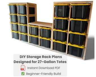 Plannen voor doe-het-zelf garage-opbergrek voor bakken van 27 gallon | Stevige houten plank blauwdruk + snijlijst | Directe pdf-download | Eenvoudige garage-organisatie