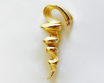 Vintage Long Designer Swirl Brooch in Two Gold Tone Textures, Matte and Smooth Gold Tone, Signed Tara Pin Brooch, Modernist, Free Form Pin