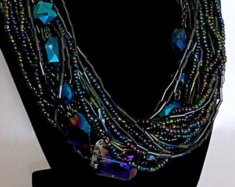 Sparkling Multi-Strand Seed Bead Boho Necklace, Shades of Blue and Purple Iridescent Beads with Silver Tone Cones, Vintage Costume Jewelry