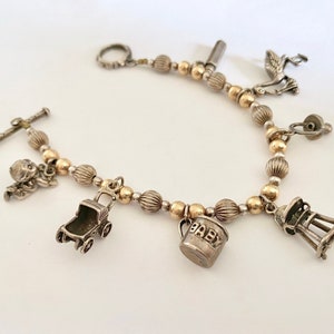 New Mom Charm Bracelet, Seven Sterling Silver 1940s - 1950s Baby Related Charms on Sterling Bracelet with Gold Filled  and Sterling Beads