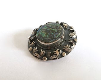 Bezel Set Abalone in Sterling Silver "Poison" Locket Pendant Brooch with Detailed Metalwork, Circa 1940's-50's Early TAXCO Eagle Makers Mark