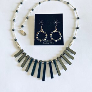 Hematite Art Deco Design Necklace, Fringe Effect Silver Gray Hematite Bib Necklace, Sparkling Elegant, Tribal Style, Beaded Circle Earrings