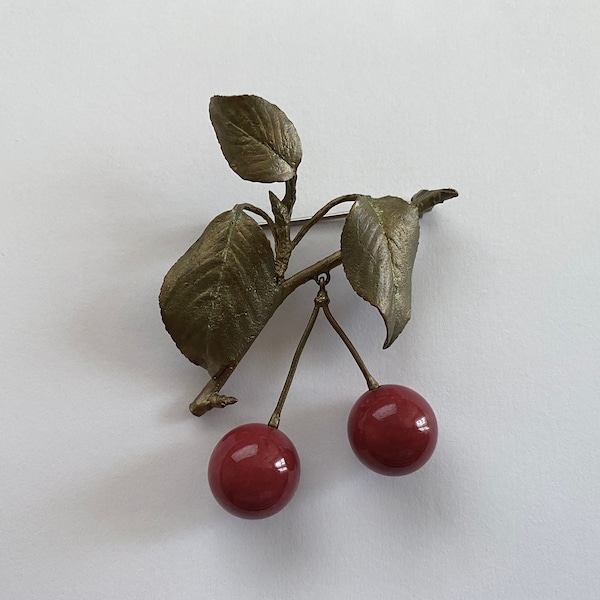Silver Seasons Brooch by Artist Michael Michaud, Handcrafted Green Tint Bronze Leaves and Branch - Deep Red Jade Cherries, Botanical Jewelry