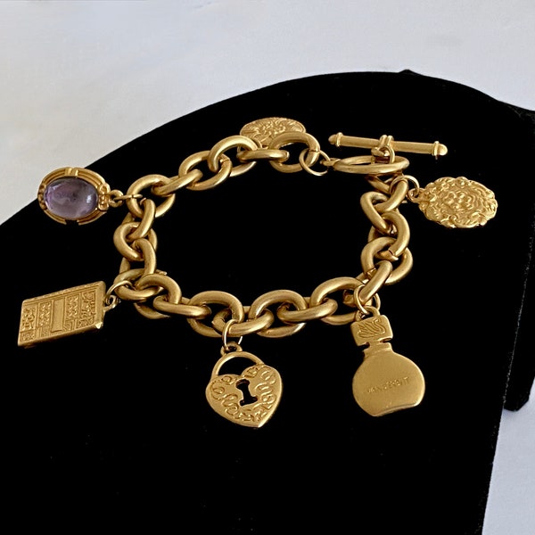 Chunky 1980s Gloria Vanderbilt 8" Charm Bracelet, Large Satin Finish Gold Plated Cable Links with Toggle Clasp, Six Lovely Two Sided Charms