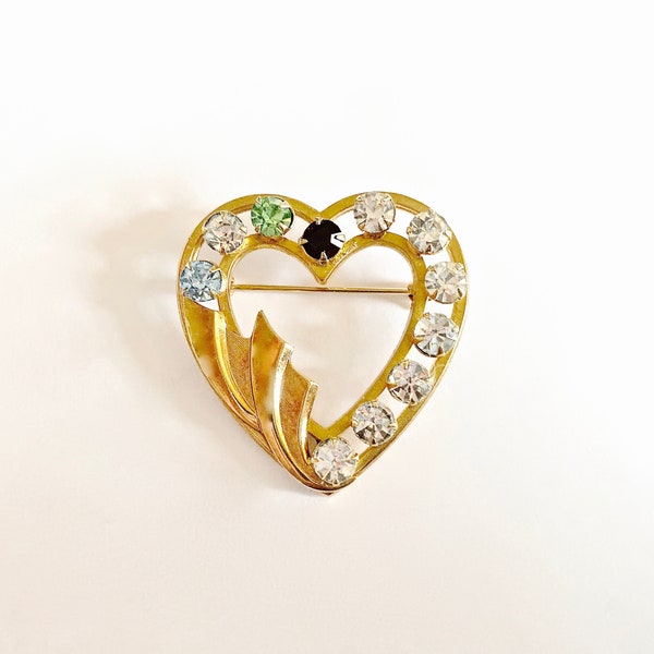 Vintage Catamore 12k Gold Filled Heart Pin, Rhinestone Heart Brooch, Classic Heart Brooch with Cone Shaped Beveled for Sparkle Rhinestones