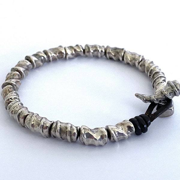 Retired UNO de 50 Artisan Handcrafted Bracelet, 7 1/2" Brutalist Modernist Bracelet with Silver Coated Beads and Brown Leather Loop Clasp