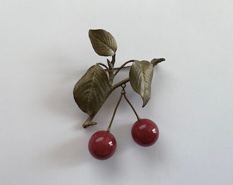 Silver Seasons Brooch by Artist Michael Michaud, Handcrafted Green Tint Bronze Leaves and Branch - Deep Red Jade Cherries, Botanical Jewelry