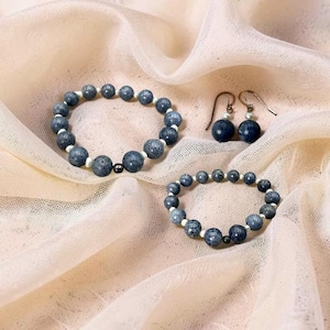 Two Vintage Stretch Bracelets of Natural Blue-Gray Sponge Coral Beads Separated with Small Freshwater Pearls and Matching Dangle Earrings