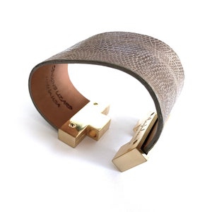 Wide, Sand Colored Lizard Cuff Bracelet by Leighelana Project Paz With Gold Tone Pull Pin Puzzle ...