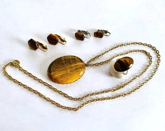 Bijoux en pierres précieuses oeil de tigre, collier bijoux fantaisie couleur or, deux paires de boucles d'oreilles clip et bague en argent sterling, cabochon ovale taille 51/2