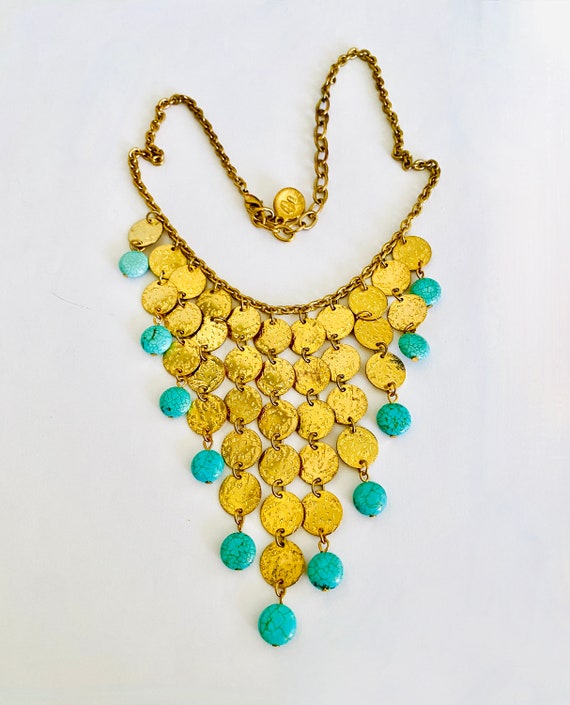 Fun Vintage Graziano Coin and Faux Turquoise Bib … - image 1