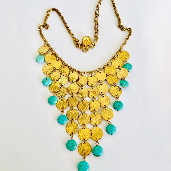 Fun Vintage Graziano Coin and Faux Turquoise Bib Necklace, Adjustable Necklace w/Gold Tone Discs Ending in Small Round Faux Turquoise Beads