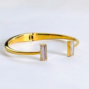 Classic Kate Spade Hinged Gold Tone Bangle Bracelet with Top Opening and Two Rectangles Lined with CZs, Modernist and Elegant Cuff Bracelet