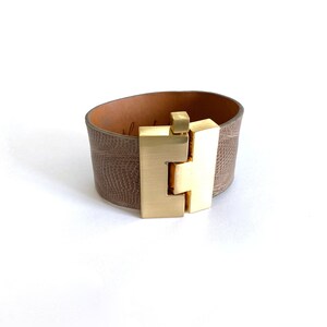 Wide, Sand Colored Lizard Cuff Bracelet by Leighelana Project Paz With Gold Tone Pull Pin Puzzle ...