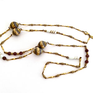 Lovely 40&quot; Lenora Dame Station Necklace with Twisted Links Connecting Three Different Size Glass and Amethyst Beads, Asymmetrical Design