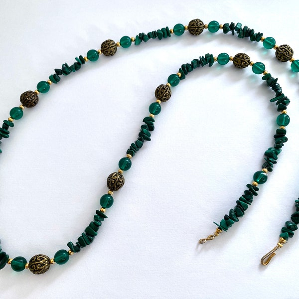 Malachite, Filigree Beads Glass Beads and Gold Spacers on a 30" Vintage Necklace with  Uncut, Polished Stones, Deep Green Malachite Necklace