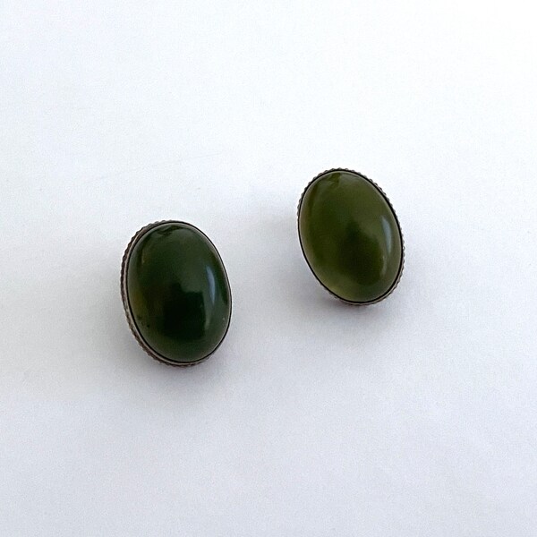 Vintage Jade Earrings with Oval Deep Green Jade Cabochons Bezel Set in Sterling Silver, Elegant Older Unsigned Artisan Pierced Earrings