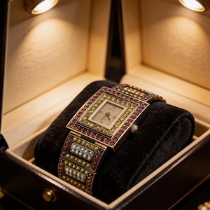 Könnte beinhalten: Eine goldfarbene rechteckige Armbanduhr mit einer mehrfarbigen, mit Edelsteinen besetzten Lünette und Armband, präsentiert in einer schwarzen Präsentationsbox. Das Zifferblatt der Uhr hat römische Ziffern und Zeiger. Die Box wird von zwei kleinen Strahlern beleuchtet.
