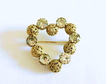 Vintage Sparkling Heart Pin or Brooch with Gold Toned Filigree Beads  and Prong Set Rhinestones, Open Heart Pin, Sweet Romantic Heart Pin