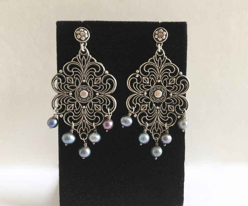 Fabulous Vintage Sterling Silver Chandelier Earrings with Natural Black Pearls Filigree Antiqued Silver Boho Gypsy Style Dangle Earrings