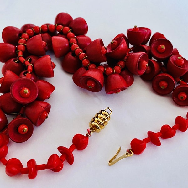 Sweet 15" Deep Red Wooden Bead Choker Necklace Finished with Matching Beads, Wooden Bell Shaped Beads with Matching Resin Beads and Spacers