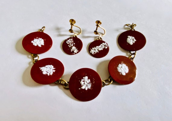 Vintage Enamel on Copper Artisan Bracelet and  Earrings Set, Linked Copper Circles with Enamel and Brass Links, Screw Back Drop Earrings